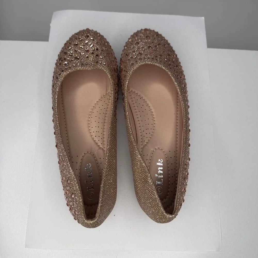 Link Ballet Flats Kids Size 3 Rose Gold Glitter Rhinestone‎ Dress Shoes 2581